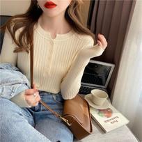 Fashion Crew Neck Knitted Women Pullover Sweater Autumn and Winter Long Sleeve Slim Fit Inner Bottoming Shirt Office Elegant Buttons Tops Clothing One Size abrikosas