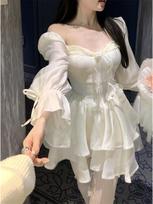 Elegant French Princess Puff Sleeve Dress Small abrikosas