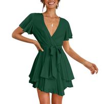 Women's Fashion Casual Color Short Sleeve V-Neck Loose Waist Ruffle Dress L