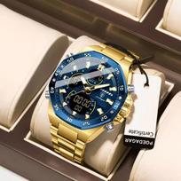 POEDAGAR Top Sport Men Clock LED Luminous Waterproof Week Date Watch Electronic Stainless Steel Fashion Quartz Watches auksas/mėlyna