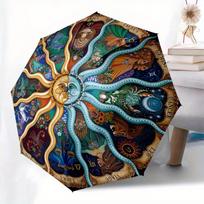 1pc Zodiac Mandala Celestial Harmony Automatic Open/Close Umbrella - 8-Rib Compact 3-Fold Design with 12 Zodiac Signs & Chakra
