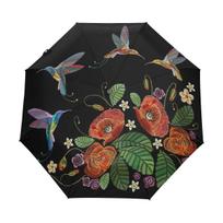 Watercolor Hummingbird Travel Umbrellas Lovely Bird Flowers Folding Rain Umbrella Windproof Compact Lightweight for Adults Women