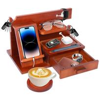 Wood Phone Docking Station with Drawer Bedside Key Wallet Watch Jewelry Stand Storage Rack Desk Organizer Multifunctional