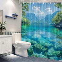 Polyester Shower Curtain - Serene Mountain Lake, Lush Greenery Design,  Machine Washable,  Nature-Inspired Bath Decor W90xH180cm