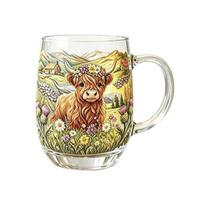 350ML Hand-painted Highland Cow Glass, Highland Cattle Coffee Mug with Handle, Heat-Resistant Tea Milk Water Drinking Cup B