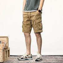Men's Khaki Elastic Waist Drawstring Multi Pocket Cargo Shorts 28 chaki