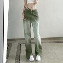Spring Fashion High Waist Split Green Baggy Capri Wide Leg Mom Jeans for Women Casual Street Wear Stretch Denim Cropped Trousers S žalia