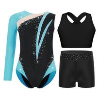 Merginų gimnastikos šokių apranga Blizgūs kalnų krištolai Spalvų blokas Asimetriškas triko Kryžiuojama nugara Atvira nugaros dalis Liemenė 5-6 Years