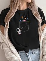 Round Cute Astronaut Colorful Planet Spacethemed Apparel Spacethemed Women's Light Astronaut Space Casual T-Shirt Sleeve S