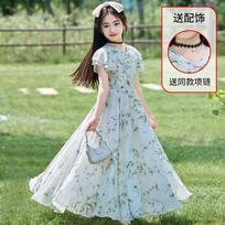 Girls' Summer Dress 2 New Medium and Older Children's Chiffon Dress Children's Floral Dress Children's Summer Beach Dress 110cm