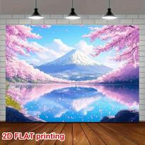 2D Mount Fuji Cherry Blossom Lake Backdrop, 2D Spring Scenery Decor 47.2x31.5inch/120*80cm