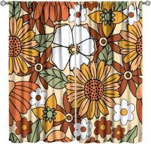 Mid Century 70S Retro Floral Curta Vintage Elegance Sunflower Blackout Window Drapes For Bedroom Living Room Kitchen Cafe Dec 53x116cm 2pc21x46in