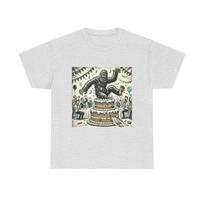 Bigfoot Pops Out of a Giant Cake Shirt Funny Party Cryptid Sasquatch Celebration 2XL
