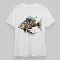 Women's Soft T-Shirt Mens Womens Tees Top Steampunk Fish Gold Blue Accents Tee Cotton White Oversize XL