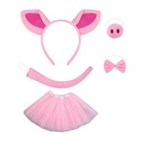 5 vnt./rinkinys Mergaičių kiaulės ausų dekoras Galvos juosta Kaspinas Kaklaraištis Kiaulės nosis Tinklelio siūlų sijono rinkinys Helovino kiaulės Cosplay rinkinys rožinė