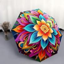 Automatic Folding Umbrella with Colorful Mandala Flower Design - Automatic Open/Close, Portable Collapsible Umbrella, Automati