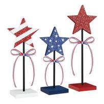 3 Pcs 4th of July Wooden Star Signs, Red White Blue Glitter Patriotic Star Table Centerpiece for Independence Day, Tiered Tray, Tabletop Decor A