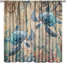 Coastal Nautical Curta, Tropical Sea Turtles Beach Theme Vintage Sea Ocean Window Drapes, For Living Room Bedroom 53x116CM-2PC