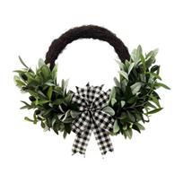 Artificial Lamb Ear Wreath Faux Greenery Leaves Rattan Wreath with Striped Bow Spring Farmhouse Hanging Decor for Front Door Wall Holiday Party 1pc