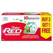 Dabur Red Dantų pasta 150g X 4 Pakuotė 4 vnt. Ajurvedinė pasta nuo mikrobų, ertmių priežiūrai, apnašų šalinimui, dantenų stiprinimui ir gaiviam kvapui