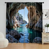 2 Panels Spring Ocean Cave Rock Landscape Rod Pocket Curta Nature Sea Art Print For Home Office Living Room Drapes W53XH116cm-2pc