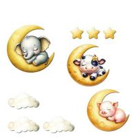 9Pcs Wooden Moon Cloud Star Wall Stickers, Elephant Piglet Calf Wall Decals, Cute Cartoon Nursery Decals for Kids Bedroom Baby Room Decor A