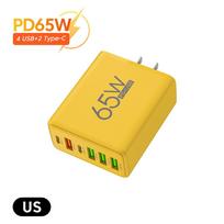 6 prievadų USB PD įkroviklis 65W Greitas įkrovimas C tipo Kelioninis adapteris USB QC 3.0 Skirtas iPhone 14 15 Pro Xiaomi 13 Pro Samsung Huawei P60 US Yellow yellow