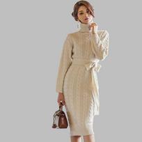 Winter Knit Dresses  European Turtleneck Casual Slim Sweater Dress Women's Clothing Pullovers One Size smėlis