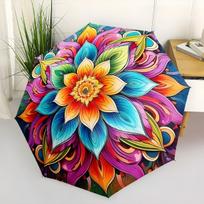 Automatic Open/Close Folding Umbrella with Color-Changing Mandala Flower Design - 8-Rib Windproof Canopy, Compact & Portable C