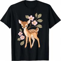 Mielas Kawaii japoniškas grafinis elnias su sakurų žiedais T-shirt S įvairiaspalvis