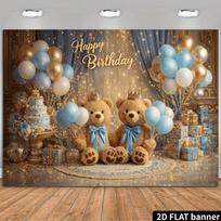 2D Flat Teddy Bear Birthday Banner, Blue Gold Scene for Baby Shower and Children's Party 47.2x31.5inch/120*80cm