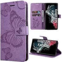 Case - BOOLING - for Samsung Galaxy S22 Ultra - Synthetic Leather - Purple - Butterfly Pattern violetinė