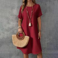 Women's Summer Casual Color Round Neck Short Sleeve Mid-length Loose Dress XL raudona