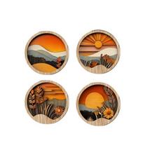 4 Pcs Boho Wall Art, Bohemian Sunset Mountain Plant Wall Decor, Wooden Round Circle Hollow Out Farmhouse Hanging Ornament for Bedroom, Living Room A