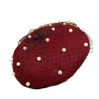 Retro Wool Beret for Women Pearl Beanie Caps Elegant Painter Hat  Banquet vyno raudonos spalvos