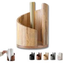 Mountain Paper Towel Holder Countertop with Mango Wood Round Base and Iron Holder, Brown Natural Wood Paper Towel Holder, Suitable for Living Room, Ki