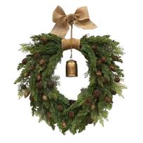 Artificial Pinecone Wreath with Hanging Bell and Burlap Ribbon for Door Wall Mantel Holiday Seasonal Home Decoration Indoor Outdoor One Size