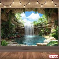 2D Exotic Lagoon Backdrop Rock Cave Waterfall & Plants Background Cloth 47.2x31.5inch/120*80cm
