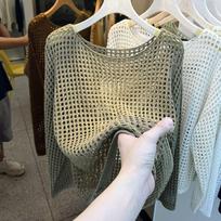 Tinklinis vintažinis Harajuku ilgomis rankovėmis megztinis moterims, korėjietiškas pavasario vasaros megztinis, minkštas, plonas viršus, stilingas, vientisas, moteriškas megztinis S tamsiai žalia spalva