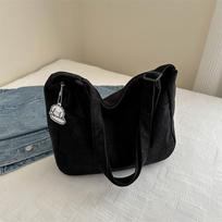 Women’s Tote Bag Corduroy Shoulder Bag Casual Striped Large Capacity with Zipper Closure, Cute Hat Patch juoda