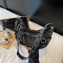 Fashi American Style Canvas Dumpling Bag Retro Adjustable Strap Denim Crossbody Bag Zipper Harajuku Underarm Bag Commuting mėlyna