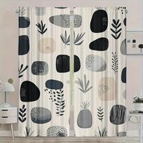 2Pcs Pebble & Leaf Curta No Rod — Cream Base, Abstract Black/Grey Beige Stones With Botanical Motifs, Sheer Polyester For 53x116cm 2pc21x46in
