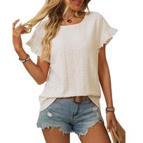 Women's Fashion Loose Solid Color Round Neck Ruffle Short Sleeve T-Shirt Hollow Out Top L smėlis