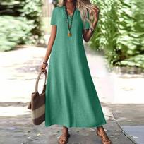 Women's Fashion V-Neck Short Sleeve Color Zipper Casual Vacation Long Dress Cotton Linen Dresses L