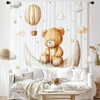 2Pcs Curta,  Air Balloon Cloud Moon Teddy Bear, Sweet Style, Suitable For Bedroom And Living Room, Pole Bag Design 24x59in(60x150CM)x2&Rod Pocket&2 panels