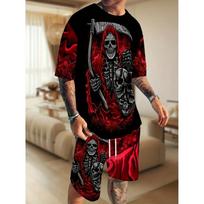 Men's 3D Red Grim Reaper Print 2-Piece Set: Short Sleeve T-Shirt & Drawstring Shorts. Gothic Skull Streetwear for Summer, Gym & Urban Outing S juoda