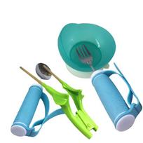 4 dalių pagalbos priemonės valgymui rinkinys Šakutė Šaukštas Dubuo Lazdelės Neslystančios Senoliams Neįgaliesiems Stalo įrankiai Saugus Ergonomiškas Būtinas blue