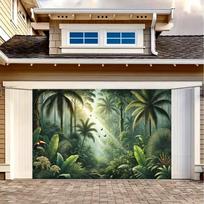 2D Misty Jungle Garage Door Banner Lush Palm Forest & Sunlight Photo Background 47.2x31.5inch/120*80cm