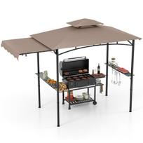 Costway BBQ pavėsinė su šonine tentu, dvigubu stogu, 2 šoninėmis lentynomis ir kabliukais, ruda