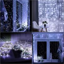 Kalėdinės užuolaidinės lemputės Springos 300 LED, 3x3 m, šaltai balta